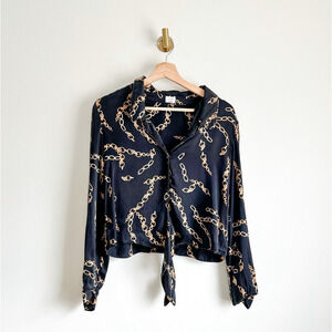 Wilfred Silk Chain Print Tie Front Blouse Black S $148
